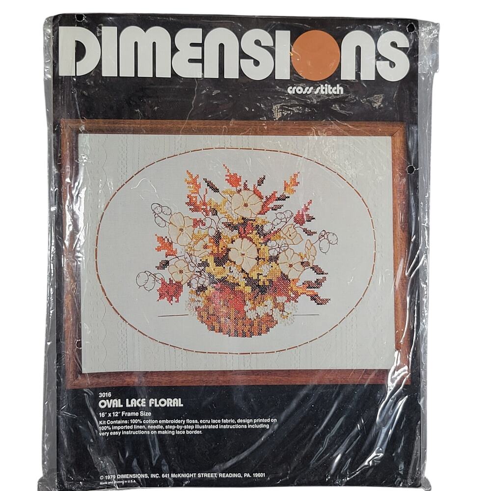Dimensions Oval Lace Floral Cross Stitch Kit #3016 16"x12" Opened, Complete